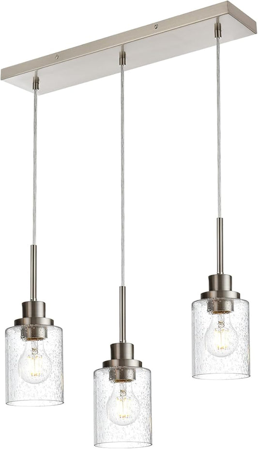 3-Light Farmhouse Chandelier Light Fixture Brushed Nickel Clear Seeded Glass Dining Room Hanging Modern Pendant Lighting Over Table,Traditional Ceiling Lights for Kitchen Island Entryway