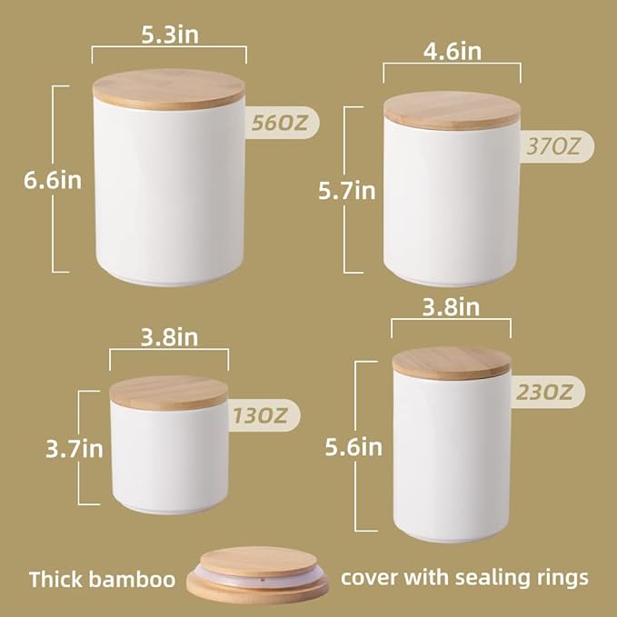 Sweejar Ceramic Kitchen Canister Sets, Porcelain Container for Countertop, Heavy Food Storage Jars with Airthight Seal Bamboo Lid, Servering for Sugar, Coffee Beans, Tea Leaves, Pack of 4(White)