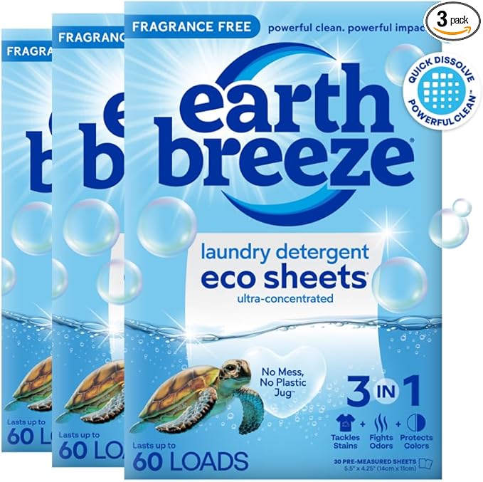 Earth Breeze Laundry Detergent Sheets Fragrance-Free - 180 Loads Eco Liquidless Soap - Travel-Friendly for Hot & Cold Cycles, Tackles Tough Stains & Odors - Gentle on Sensitive Skin, 90 Ct (3 Pack)