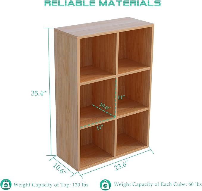 6-Cube Storage Shelf Bookcase - Wooden 3-Tier Floor Standing Open Bookshelf for Home and Office, Display Cabinet, Oak
