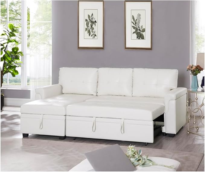 Naomi Home Transform Any Space: Sleeper Sectional Sofa with Convertible Sofa Bed & Inviting Chaise. Find Tranquil Comfort with Stress-Relieving Design & Durable Cushions - White/Air Leather