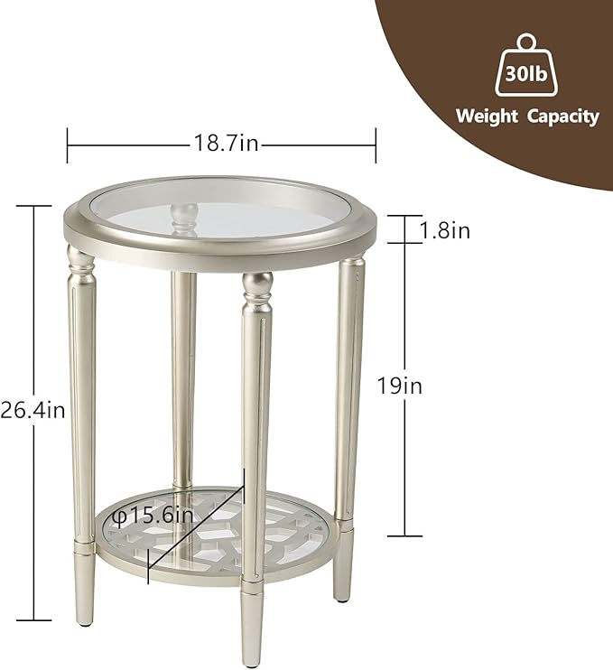 COSIEST Round Side Table, End Table Glass with Wood Frame, Champagne Gold Bedside Table with Modern Style for Living Room, Balcony, Bedroom