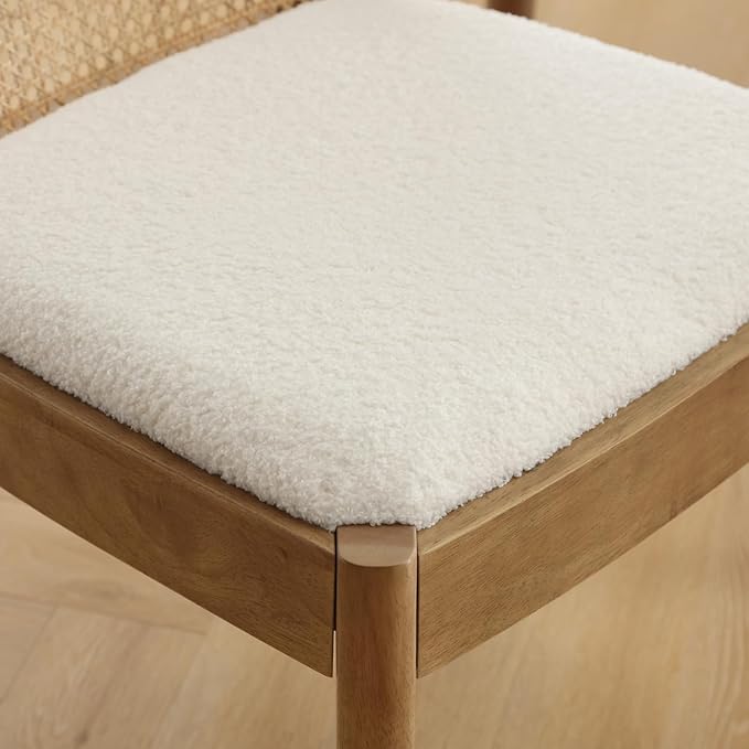 Mid Century Dining Chairs Set of 4, Accent Rattan Side Chairs Sherpa Fabric Kitchen Chair with Solid Wooden Legs for Living Room Dining Room, White