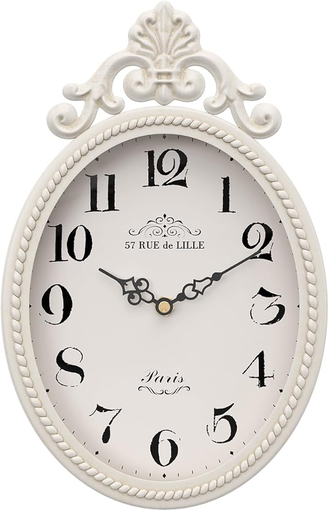 Abdurey Small French Retro Decorative Wall Clock, Ivory White Vintage Oval Style,Silent Battery Operated Boho Decor Wall Clocks for Farmhouse,Kitchen,Bedroom,Bathroom(10.4" H x 6.7" W)
