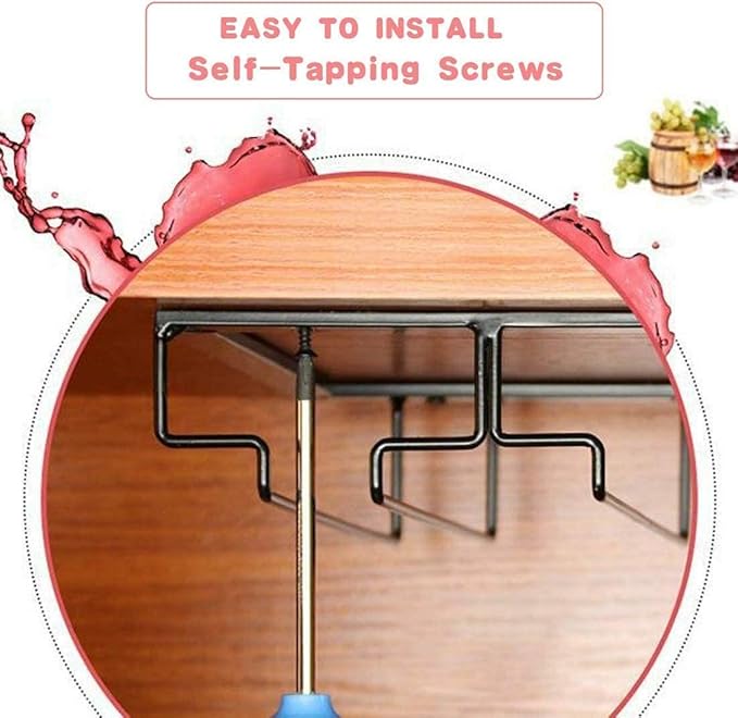 Wine Glass Rack Under Cabinet - Stemware Holder Metal Wine Glass Organizer Glasses Storage Hanger for Bar Kitchen Brown 4 Rows