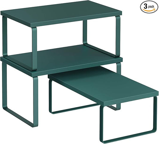 SONGMICS Cabinet Organizer Shelf, Set of 3 Kitchen Counter Shelves, Kitchen Storage, Spice Rack, Stackable, Expandable, Cascade Green UKCS220C01V1