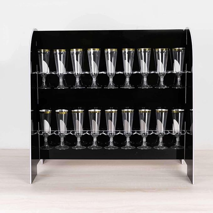 Tableclothsfactory Black Mirror Finish 2-Tier Wine Glass Stemware Rack, 18 Champagne Flute Holder Foam Board Stand - 25"