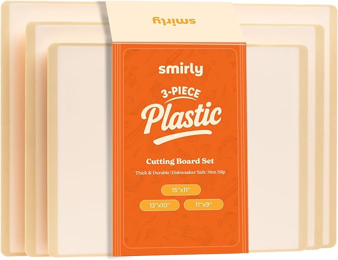 SMIRLY Plastic Cutting Board Set 3 Pieces, Non-Slip Dishwasher Safe Chopping Boards for Kitchen, Cream White