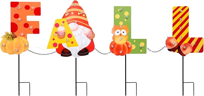 WONDER GARDEN Fall Yard Stakes Yard Signs, 4 Pack Metal Thanksgiving Lighted Garden Stakes, Gnome Sign with LED Lights for Harvest,Outdoor, Lawn,Farmhouse Decorations