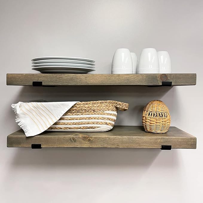 Rustic Shelves with J-Brackets Set of 2, Industrial Shelf, Kitchen Shelves, Solid Wood, Decorative Wall Storage, Heavy Duty, URBANDI (Grey, 12Wx8D)