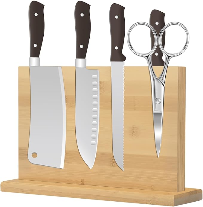 Magnetic Knife Block 28 x 19 Inches, Double Sided Magnetic Knife Holder Rack for Kitchen Counter, Acacia Wood Magnetic Knife Storage Stand with Knife Sharpener