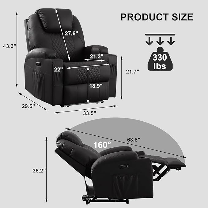 Power Recliner Chair with Heat and Massage, PU Leather Home Theater Seating with LED Lights/Cup Holders/Side Pocket/USB Port, Reclining Sofa Chair for Living Room (2, Black)