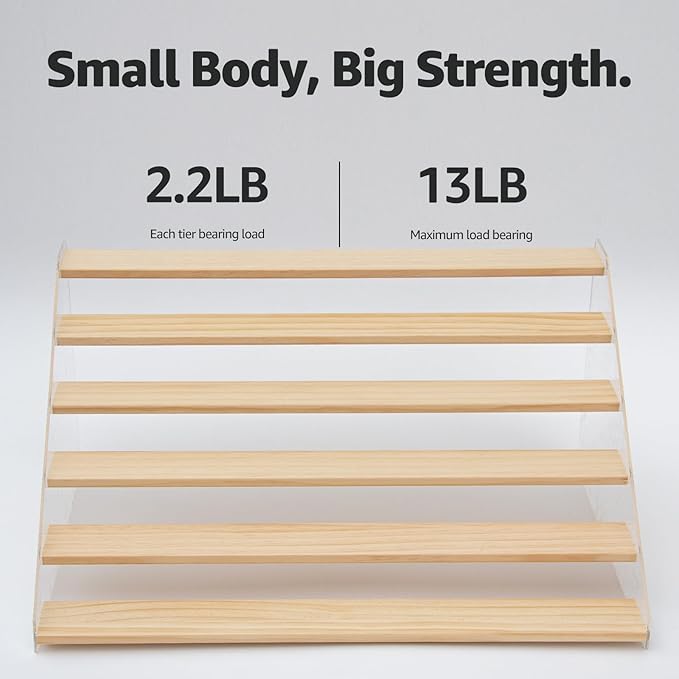 nianfeng Tiered Spice Rack, 6-Tier Spice Pantry Kitchen Cabinet Organizer, 19.9-Inch, Natural Wood Acrylic Stair Riser Stand, Countertop Seasoning Shelf