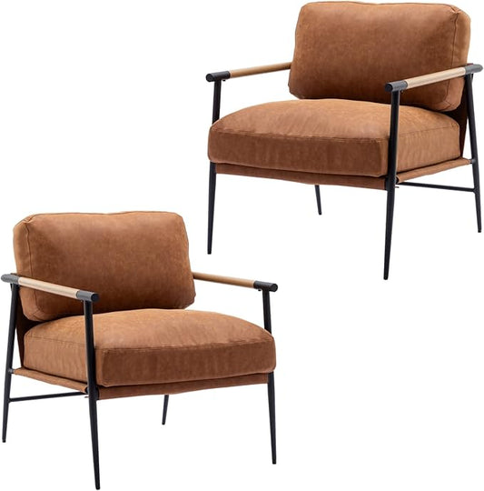 Mid-Century Accent Chair Set of 2, Soft Armchair PU Leather Lounge Chair with Black Metal Legs, Upholstered Leisure Chair for Living Room Bedroom Reception Room, Brown