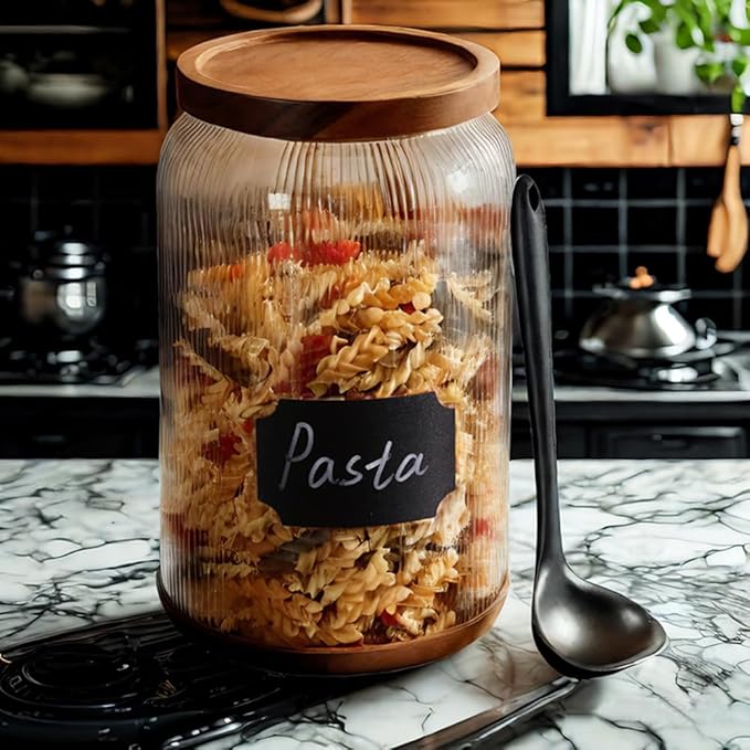 SAIOOL 2-Pack Striped Borosilicate Glass Airtight Canisters - Big mouth Large Capacity, Acacia Wood Lid, Food Storage Jars for Flour, Pasta, Pantry Organization (1 Gallon (2 Striped pack))