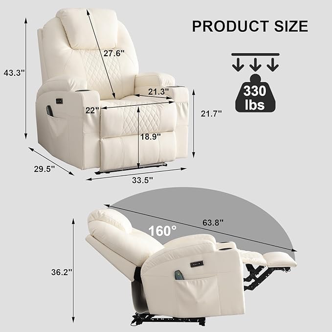 Power Recliner Chair with Heat and Massage, PU Leather Home Theater Seating with LED Lights/Cup Holders/Side Pocket/USB Port, Reclining Sofa Chair for Living Room (1, Beige)