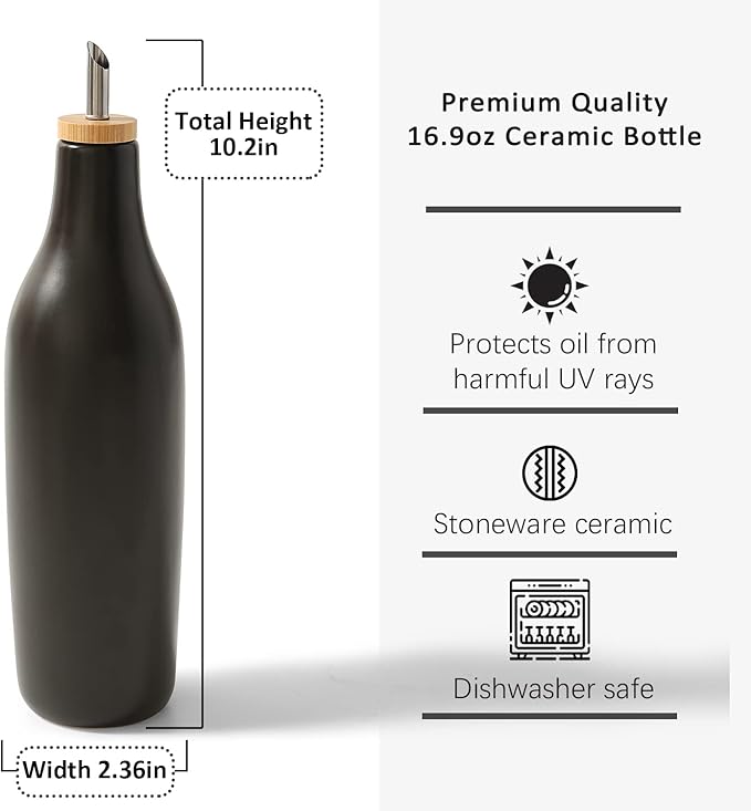 HOMCDALY Olive Oil and Vinegar Dispenser Set, Two 16oz Ceramic Oil Dispenser for Kitchen, Kitchen Dispenser Bottle for EVOO Vinegar Syrups, Modern Farmhouse Design| Set of 2 – Black