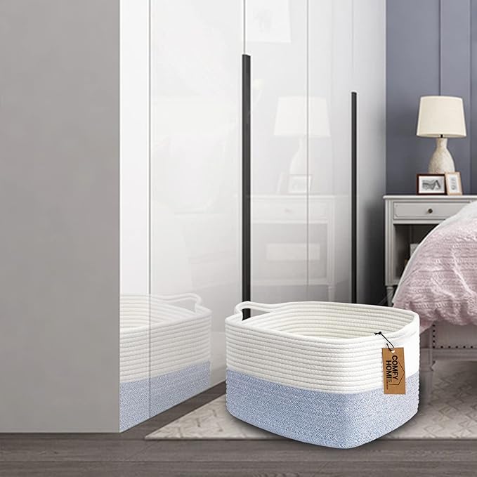 COMFY-HOMI Cotton Rope Woven Basket with Handles for shelf,Toy, Book, Cloth Storage Basket for Organizing-13.5"X11"X9.5" Storage Bin for Living Room, Newborn or Infant Gift for boy girl (White/blue)