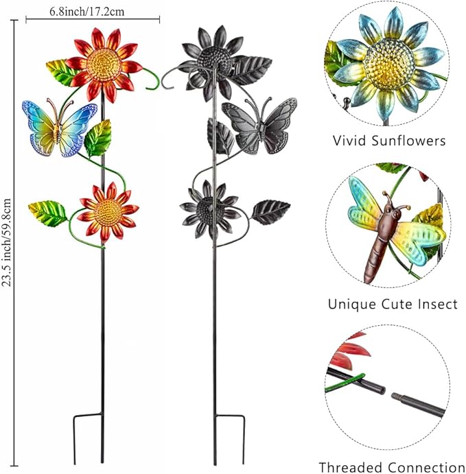 3 Pcs Sunflower&Butterly&Ladybug&Dragonfly Decorative Garden Stakes,23.5 in Metal Sunflower Yard Art for Outside Decor,Spring Outdoor Decor for Mom,Women,Grandma