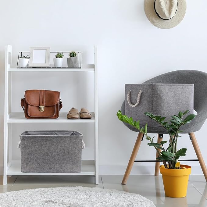 Storage Basket for Shelves - 17X15X12 inch 2 Pack Collapsible Storage Bin with Rope, Canvas Fabric Storage Cubes for Cloth Decorative Books Nursery (Grey)