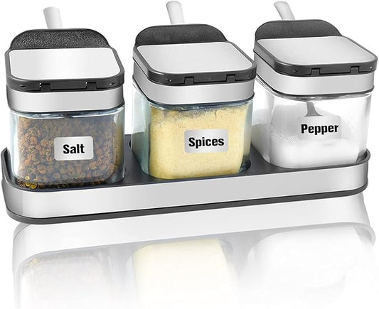 XIUDI Condiment Seal Jar Spice Container with Lids and Spoons,Clear Glass Condiment Canisters Pots Seasoning Box Salt Container Sugar Bowl Set of .Used in Kitchen, Coffee Table,Set of 3