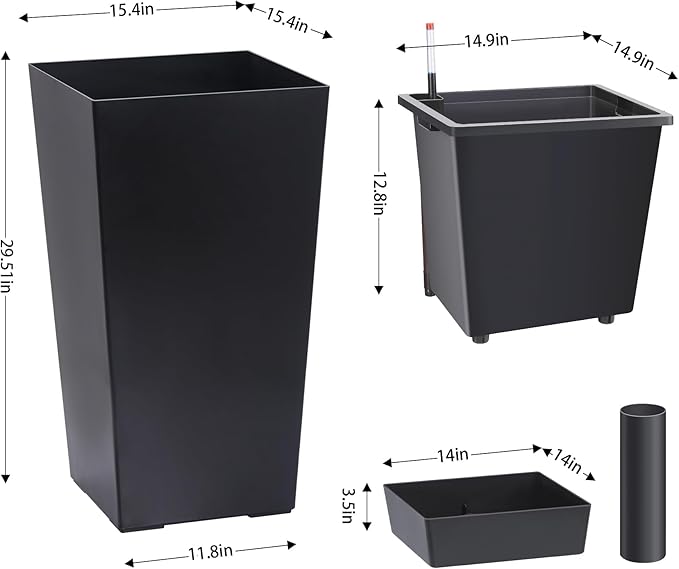 30" Tall Planters Set of 2, Outdoor&Indoor Black Planter Pots, High Front Porch Planter Pots with Drainage Holes&Water Level Monitor Movable Wheels &Inner Bucket, Automatic Watering,Black