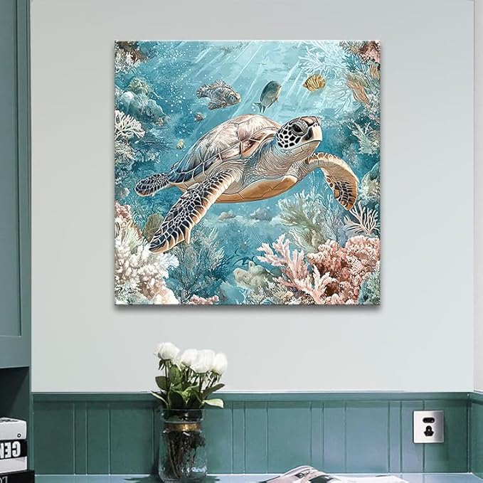 Sea Turtle Bathroom Wall Decor Ocean Theme Framed Canvas Wall Art Coastal Nautical Prints Picture Watercolor Coral Marine Life Painting for Kid Bedroom Living Room Home Decoration 14x14”