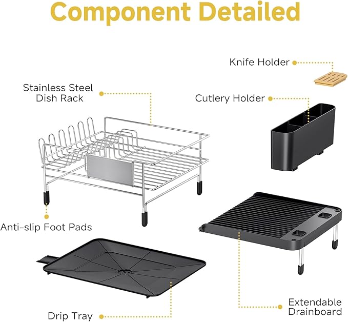 Dish Drying Rack, Expandable Stainless Steel Dish Rack with Drainboard Set Kitchen Sink Organizer for Counter, Large Capacity Kitchen Accessories, Smooth Water Flow