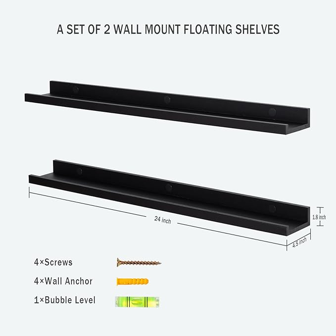 Black Floating Shelves for Wall 24 Inch Wall Shelves with Lip Modern Picture Ledge Shelf Wall Mount Photo Shelves Room Decor Hanging Book Shelves Set of 2 for Bedroom Living Room Bathroom Kitchen