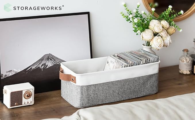 StorageWorks Narrow Storage Bins, Small Basket for Closet and Shelves, Fabric Organizer with Handles, Toilet Paper Storage, Grey and White, 2-Pack