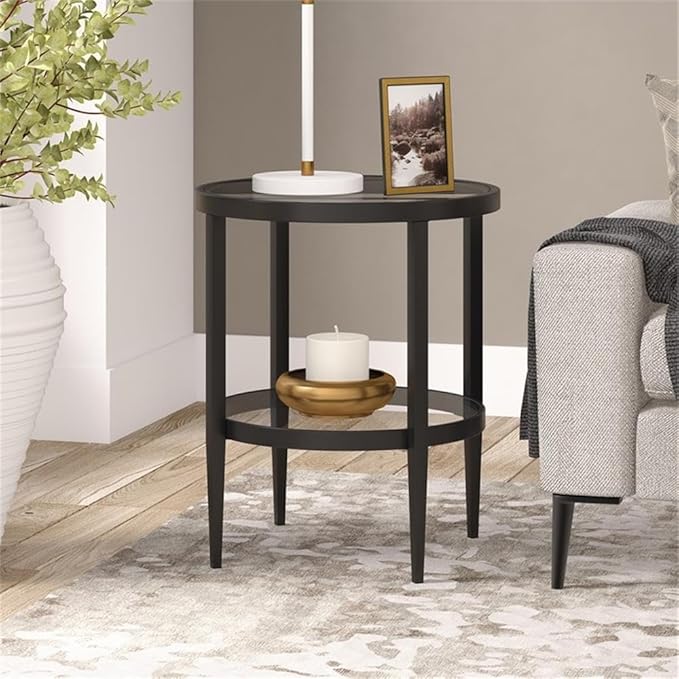 Henn&Hart 20" Wide Round Side Table with Glass Shelf in Blackened Bronze, Table for Living Room, Bedroom