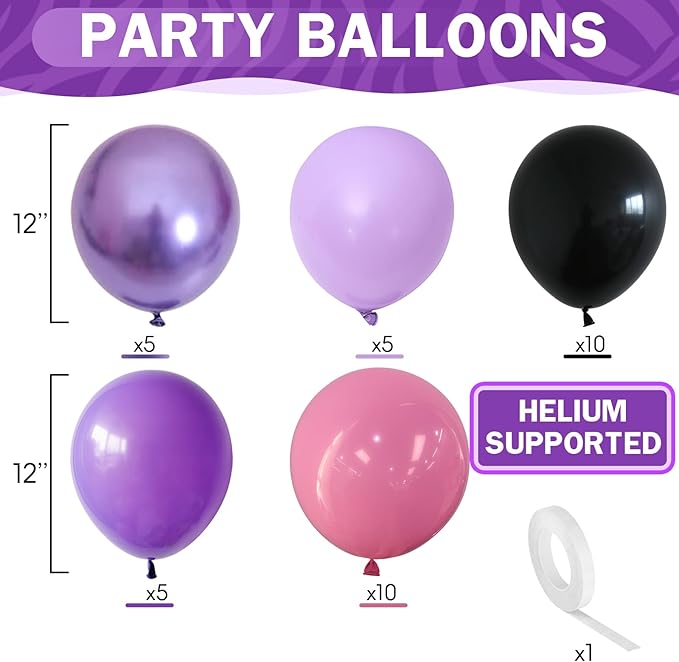 Purple Pink Black Balloons 12 Inch Pastel Pink Purple Black Latex Helium Balloon Purple Metallic Party Balloons for Girls Cartoon Anime Birthday Baby Shower Halloween Party Decorations