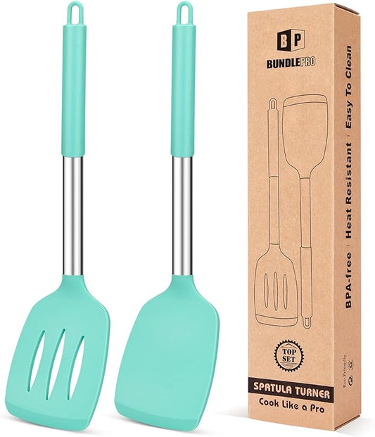 Pack of 2 Silicone Solid Turner, Non Stick Slotted Kitchen Spatulas, High Heat Resistant BPA Free Cooking Utensils, Ideal Cookware for Fish, Eggs, Pancakes(Green)