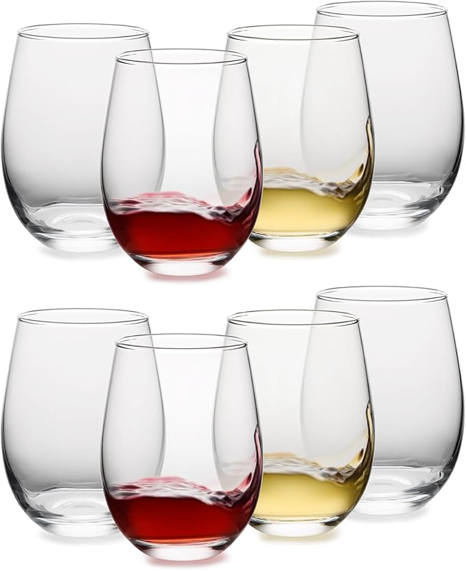 Stemless Wine Glasses Set of 8, 18 Ounces Red & White Wine Glasses for Party, Lead-free, Ideal Wine Accessories Gift (Clear)