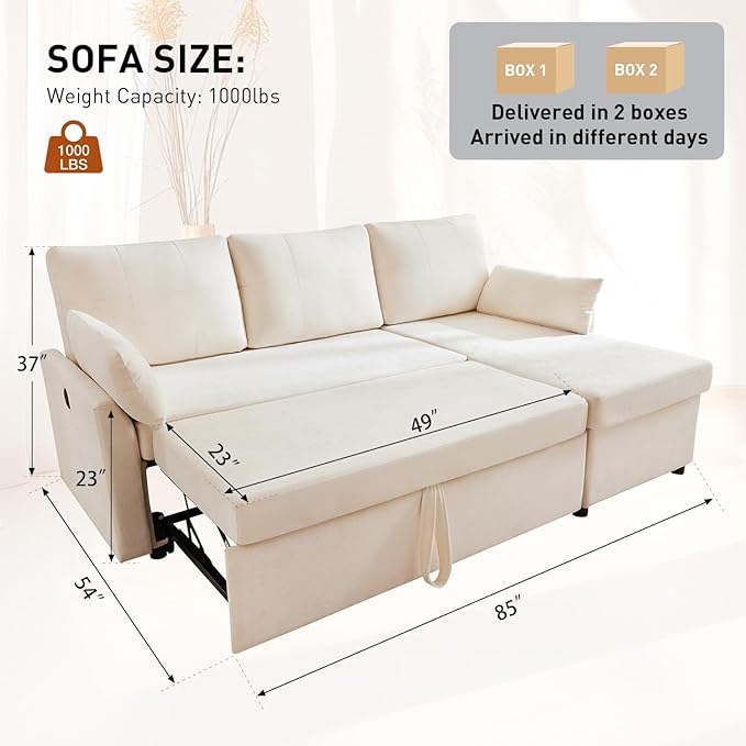 Waxberry Sectional Sofa Couch, Pull Out Couch Sleeper Sofa Bed with Storage for Living Room, Reversible Chaise, Side Pockets & Dual USB/Type-C Ports, Beige