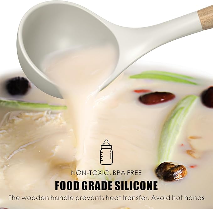 Silicone Cooking Utensils Set - 446°F Heat Resistant Silicone Kitchen Utensils for Cooking,Kitchen Utensil Spatula Set w Wooden Handles and Holder, BPA FREE Gadgets for Non-Stick Cookware (Khaki)