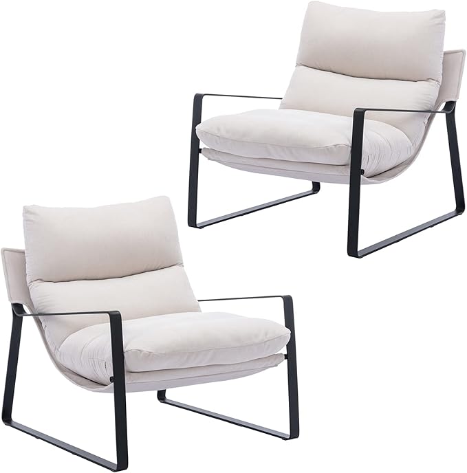 DUOMAY Mid-Century Accent Chair Armchair Set of 2, Comfy Linen Fabric Leisure Chair Lazy Chair with Metal Leg for Living Room Bedroom Office Apartment, White
