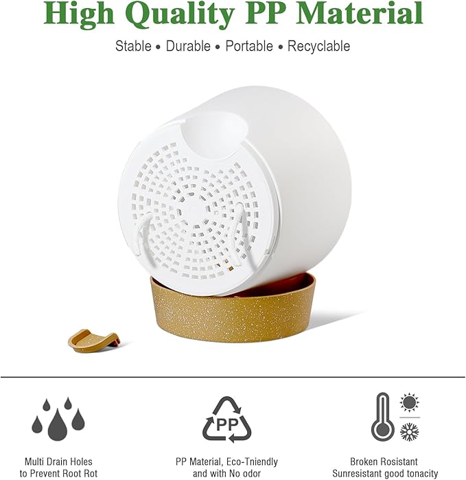 Self Watering Pots for Indoor Plants,12 inch Planters with Drainage Holes Plastic Flower Pots with Deep Reservoir, White with Brown