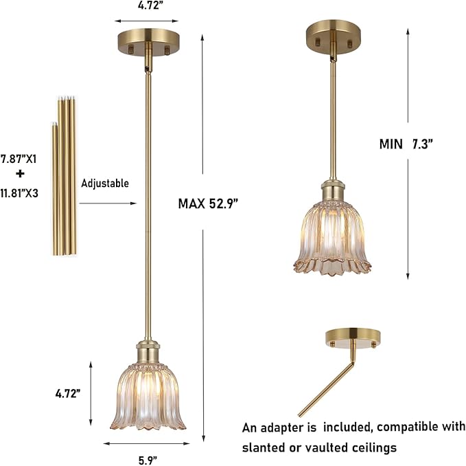 Modern Gold Pendant Light 3 Pack Brushed Brass Mid Century Chandelier Amber Glass Shades Adjustable Rods Farmhouse Ceiling Hanging Lighting Fixture Kitchen Island Dining Room Bedroom