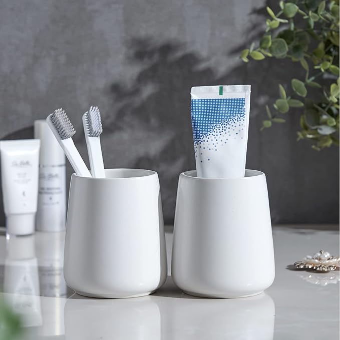 White Toothbrush Holder for Bathroom - 2Pcs Ceramic Tooth Brushing Holders Set, Toothbrush Cup & Toothpaste Organizer for Bathroom Countertop, Makeup Brush Holder, Pen Holder for Home Desktop Storage
