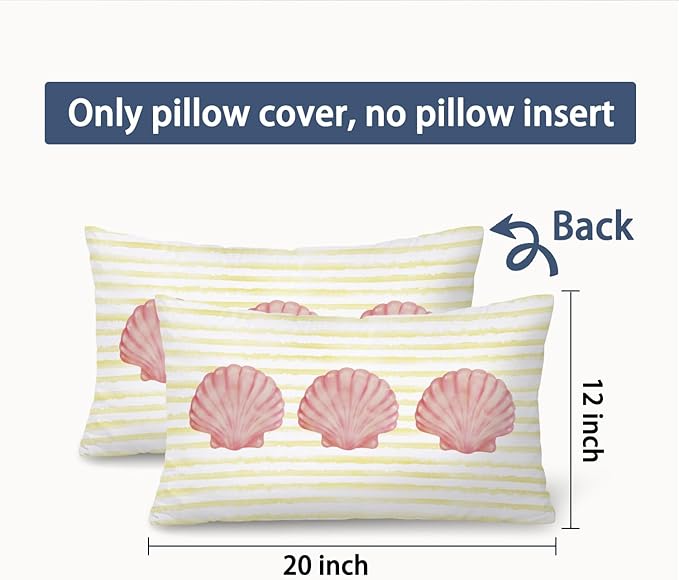 Coastal Girly Room Decor 12x20 Pillow Cover, Preppy Beach Pink Seashell Yellow Striped Decorative Lumbar Pillow Covers for Girls Bedroom College Dorm Sofa Couch