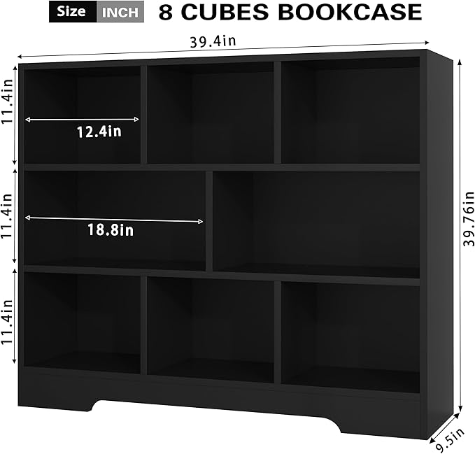 Book Shelf Set of 2, 8 Cubes Storage Organizer, 3-Tier Open Shelf Wooden Bookcase, Freestanding Balck Bookshelf Cube Shelf for Bedroom, Living Room, Home Office
