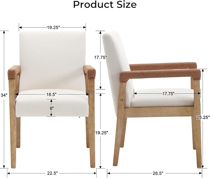 Mid Century Modern Dining Chairs Set of 2 Linen Fabric Upholstered Living Room Side Chair, Kitchen Arm Chair with Solid Wood Legs for Home Kitchen & Restaurant, Linen White