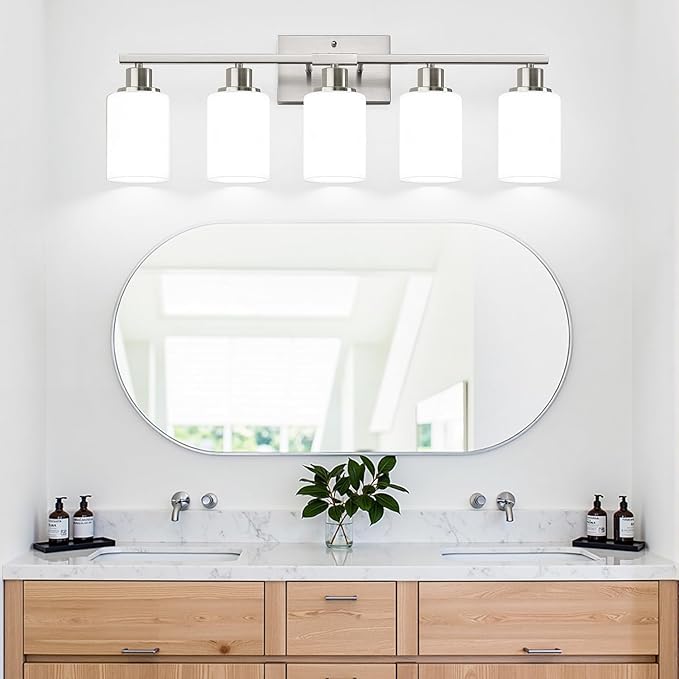 5-Light Brushed Nickel Bathroom Vanity Light with Milky White Frosted Glass Shades, Modern Bathroom Light Fixtures, Up/Down Reversible Lighting for Mirror, Bedroom, Kitchen, Living Room, Hallway