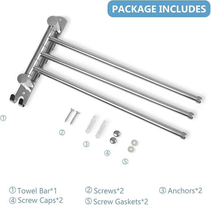 Bathroom Towel Rack JSVER 3 Arms Extended Towel Holder, Swivel Towel Bar, SUS304 Stainless Steel Space Saving Towel Racks for Bathroom, Kitchen