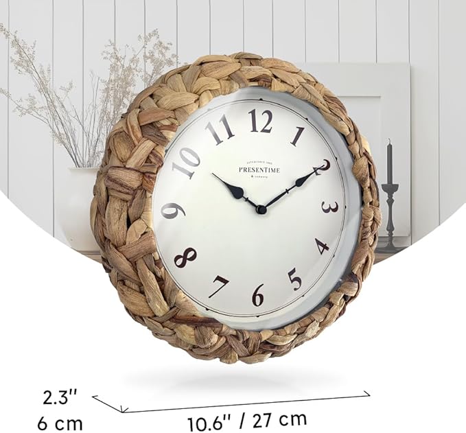 Presentime & Co Farmhouse Series, Rustic Woven Clock, 10.5 inch, Natural Woven Water Hyacinth/Sea Grass. Wall Sculpture, Wall Art and Timepiece for Home Decoration/Decoration/Farmhouse Décor.