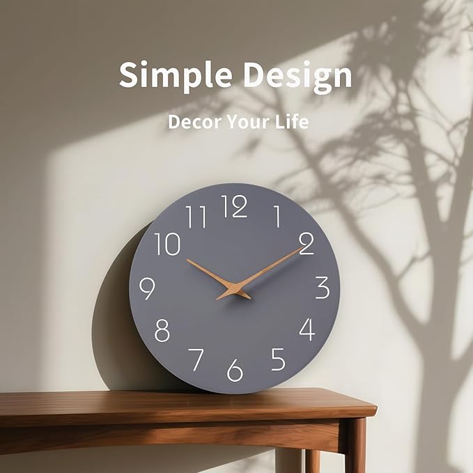 Mosewa Wall Clock 8 Inch Gray Battery Operated Silent Non Ticking Simple Modern Wood Clock Decorative for Bedroom Living Room Kitchen Home Bathroom Office