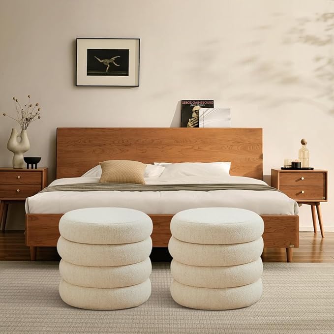 ONEVOG Round Storage Ottoman, 20" Small Ottomans Table with Removable Lid, Linen Fabric Soft Footrest Stools for Couch, Upholstered Stuffed Circle Seat for Living Room/Bedroom/Dorm/Vanity, Beige