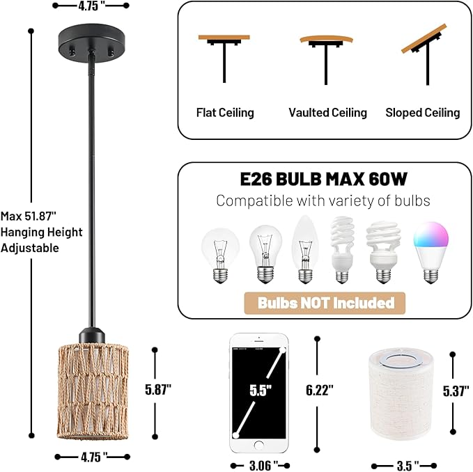 Pendant Light Boho Hanging Lamp, Rattan Hanging Lights with 2 in 1 Linen & Woven Shade, Ceiling Light Fixtures for Kitchen Island, Dining Room, Farmhouse, Bedroom (1 Pack)