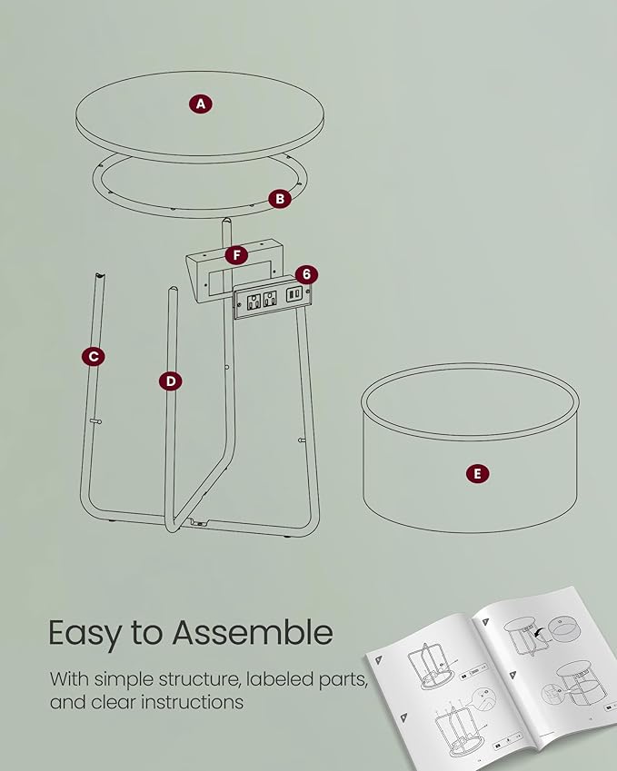 VASAGLE Side Table with Charging Station, Round End Table with Fabric Basket, Nightstand with Power Outlets, USB Ports, for Living Room, Bedroom, Modern, Forest Green and Cream White ULET228C04
